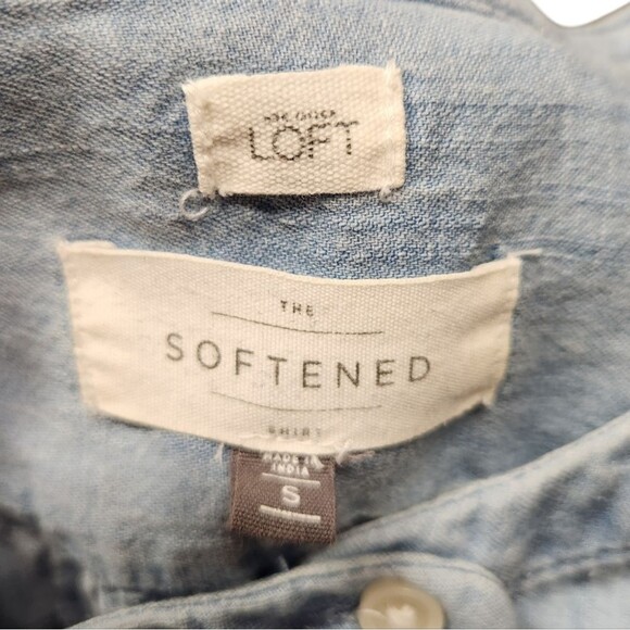 LOFT Denim Shirt Burnout Cotton Grunge Long Sleeve Western Preppy Blue‎ Boho S - Picture 10 of 11